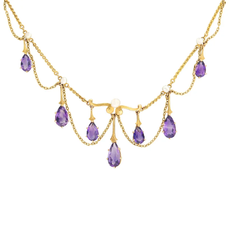 gold choker necklace for women-Victorian 14k Amethyst & Pearl Festoon Necklace