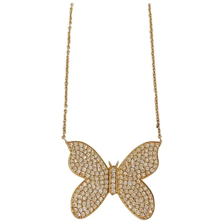 delicate silver necklace for daily wear-18kt Yellow Gold Butterfly Necklace with Pave Diamonds