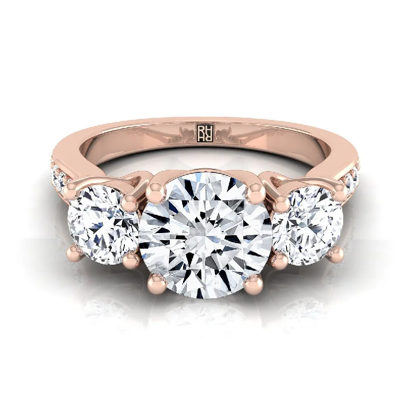 elegant engagement rings-14K Rose Gold Round Brilliant Diamond Three Stone Classic with Channel French Pave Engagement Ring -7/8ctw