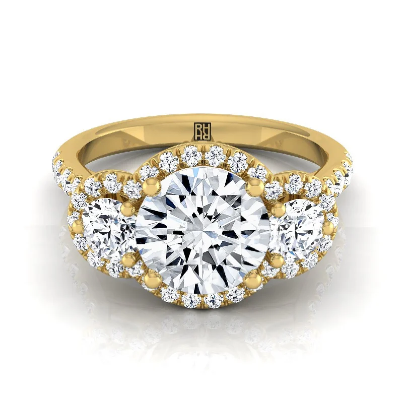 handmade rings for women-18K Yellow Gold Round Brilliant Diamond Timeless Three Stone Halo with French Engagement Ring -3/4ctw