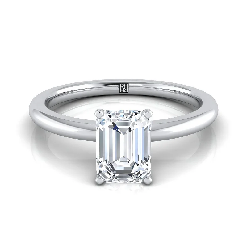 stackable rings for women-Platinum Emerald Cut  Round Comfort Fit Claw Prong Solitaire Engagement Ring