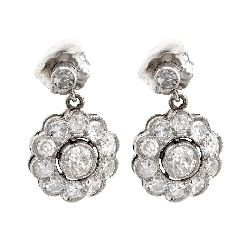 large statement studs for fashion-forward style -Art Deco Inspired Diamond Platinum Cluster Drop Earrings