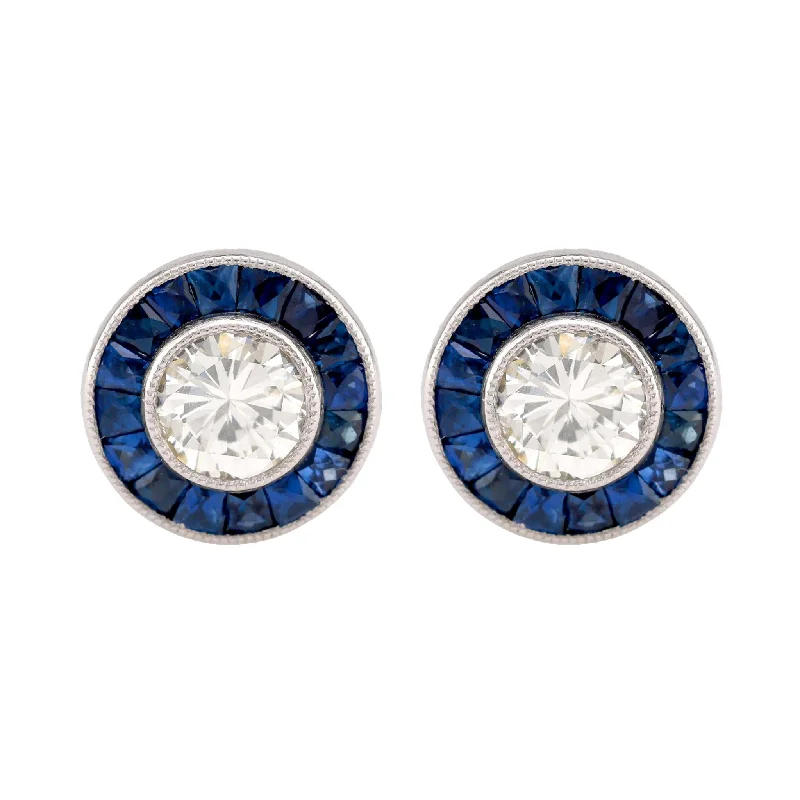 smooth gold earrings for elegant style -Art Deco Inspired Diamond Sapphire Platinum Target Studs