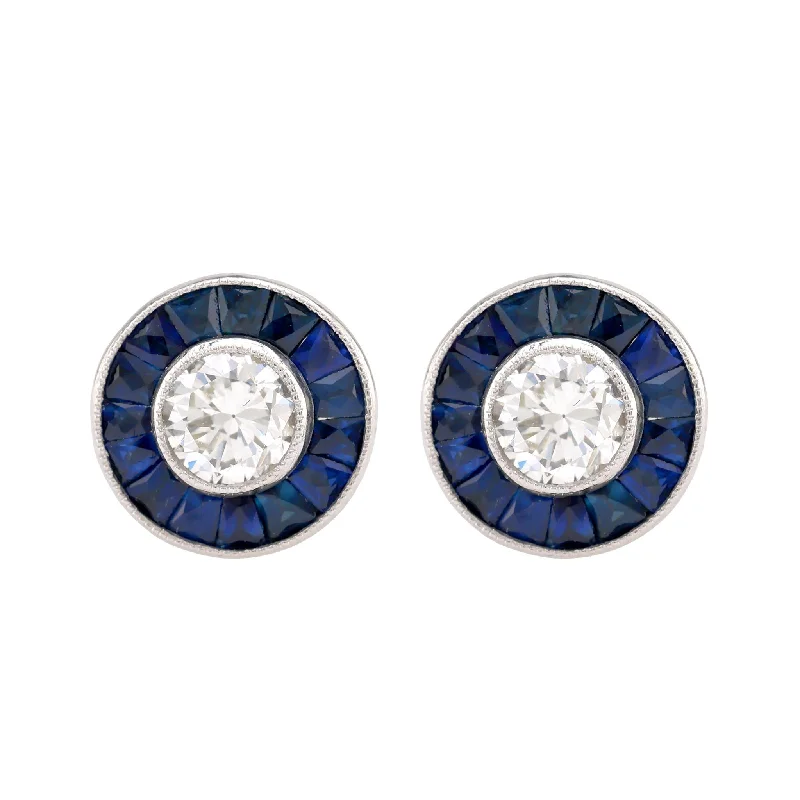 sophisticated crystal stud earrings for elegance -Art Deco Inspired Diamond Sapphire Platinum Target Studs