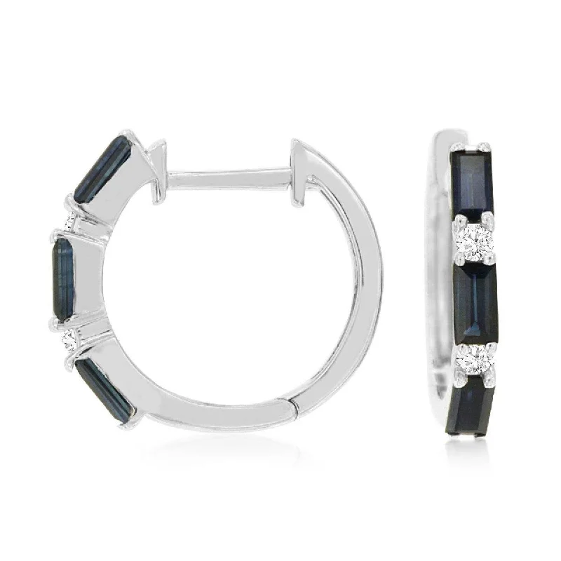 vintage clip-on earrings for retro glam -Baguette Cut Blue Sapphire and Round Diamond Huggie Hoop Earrings in White Gold