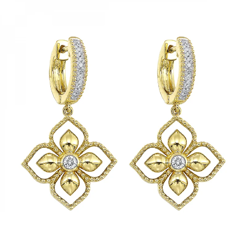 butterfly stud earrings for delicate beauty -Beaded 14K Yellow Gold Diamond Drop Hoop Earrings