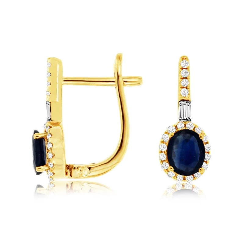 chic drop earrings for evening wear -Blue Oval Natural Sapphire Diamond Halo Leverback Earrings in Yellow Gold