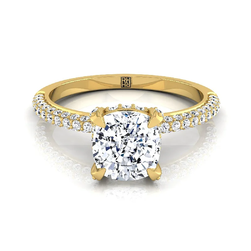 designer rings for women-14K Yellow Gold Cushion Diamond Encrusted Claws and Triple Pave Engagement Ring -1/2ctw