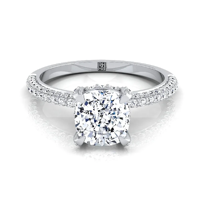 classic wedding rings-Platinum Cushion Diamond Encrusted Claws and Triple Pave Engagement Ring -1/2ctw