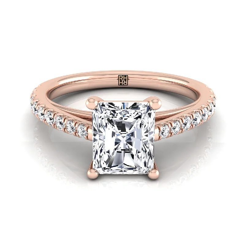 platinum wedding bands-14K Rose Gold Radiant Cut Center Diamond French Pave Cathedral Style Solitaire Engagement Ring -1/4ctw