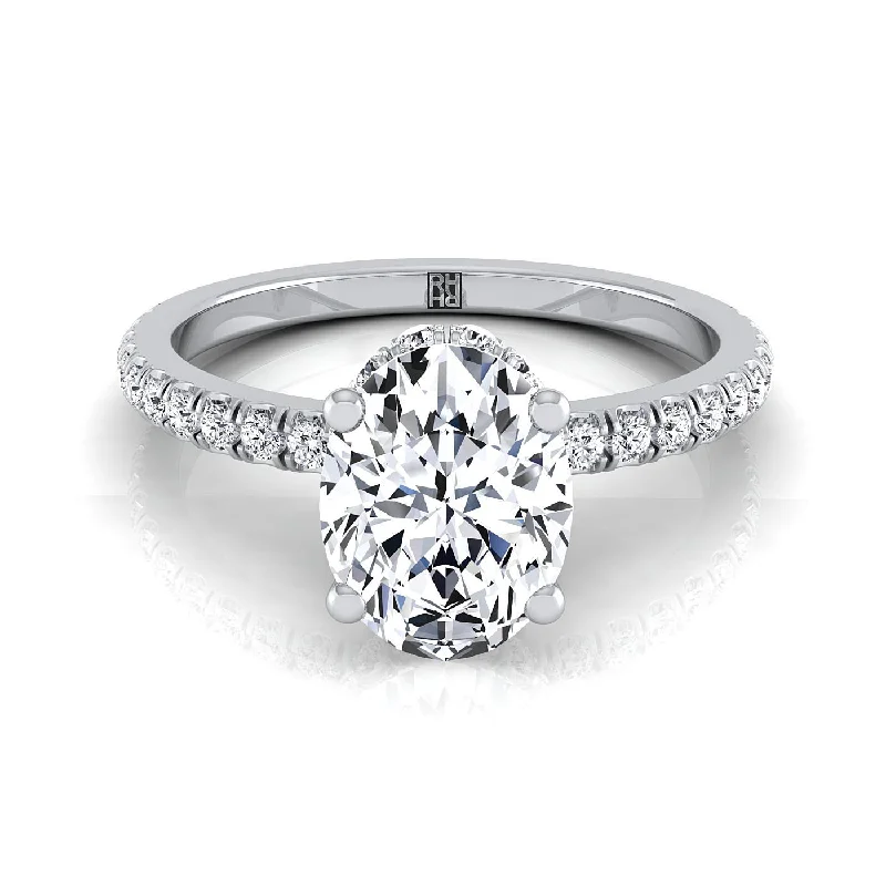 diamond engagement rings-14K White Gold Oval Diamond Secret Diamond Halo French Pave Solitaire Engagement Ring -1/3ctw