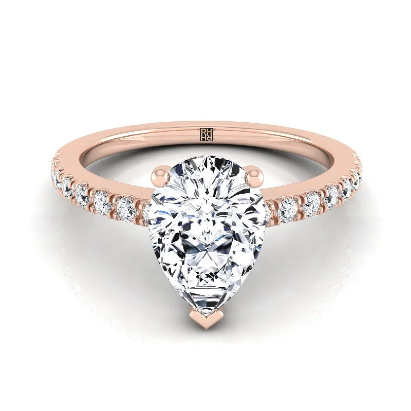 engagement rings for women-14K Rose Gold Pear Shape Center Simple Linear Diamond Pave Engagement Ring -1/5ctw