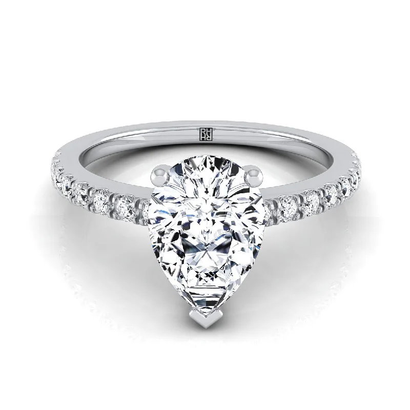 ring sets for engagement-14K White Gold Pear Shape Center Simple Linear Diamond Pave Engagement Ring -1/5ctw