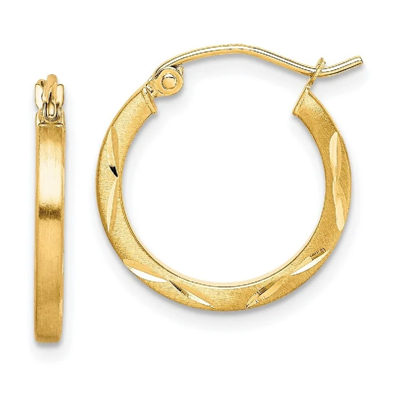 sparkling gold earrings for evening parties -Curata 10k Yellow Gold Satin Sparkle Cut 2x20mm Hoop Earrings - 19x18mm Wide 2mm Thick