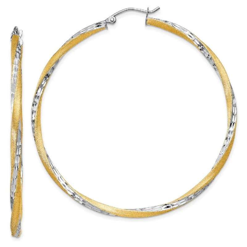 artistic drop earrings for creative looks -Curata 14k Yellow Gold and Rhodium Sparkle Cut 56.5x 2.5mm Twisted Hoop Earrings