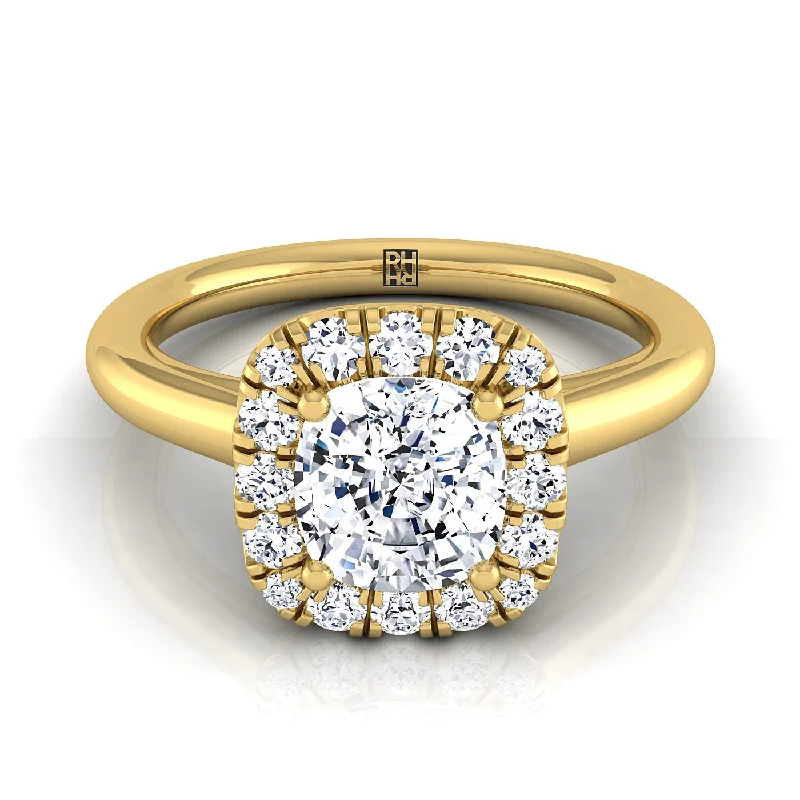 matching diamond wedding bands-18K Yellow Gold Cushion Diamond Sophisticated and Simple Halo on a High Polished Engagement Ring -1/4ctw