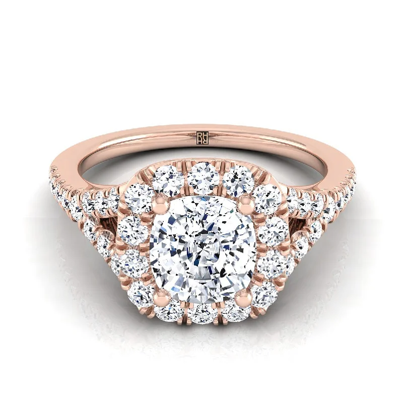 promise rings for best friends-14K Rose Gold Cushion Diamond Simple Prong Halo Split Shank Engagement Ring -1/2ctw