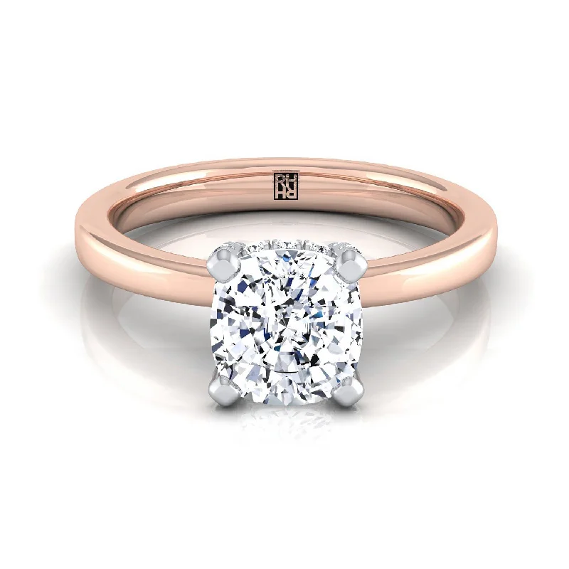 men’s silver rings with engraving-14K Rose Gold Cushion Diamond Hidden Pave Basket Crown Solitaire Engagement Ring -1/10ctw