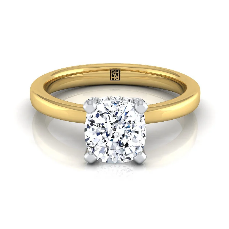 luxury engagement rings-14K Yellow Gold Cushion Diamond Hidden Pave Basket Crown Solitaire Engagement Ring -1/10ctw