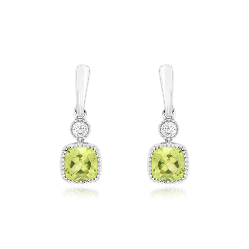 gemstone drop earrings for luxurious elegance -Cushion Cut Light Green Peridot and Round Diamond Dangle Earrings with Milgrain Edge in White Gold