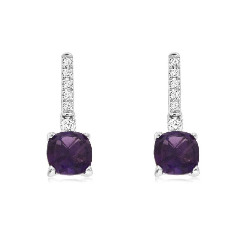 large statement studs for fashion-forward style -Cushion Cut Purple Amethyst and Round Diamond Dangle Earrings in White Gold