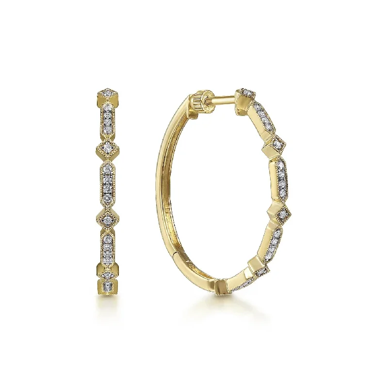 elegant pearl drop earrings for dinner dates -Deco Inspired 30mm Geometric Diamond Hoop Earrings in Yellow Gold, 0.20 cttw