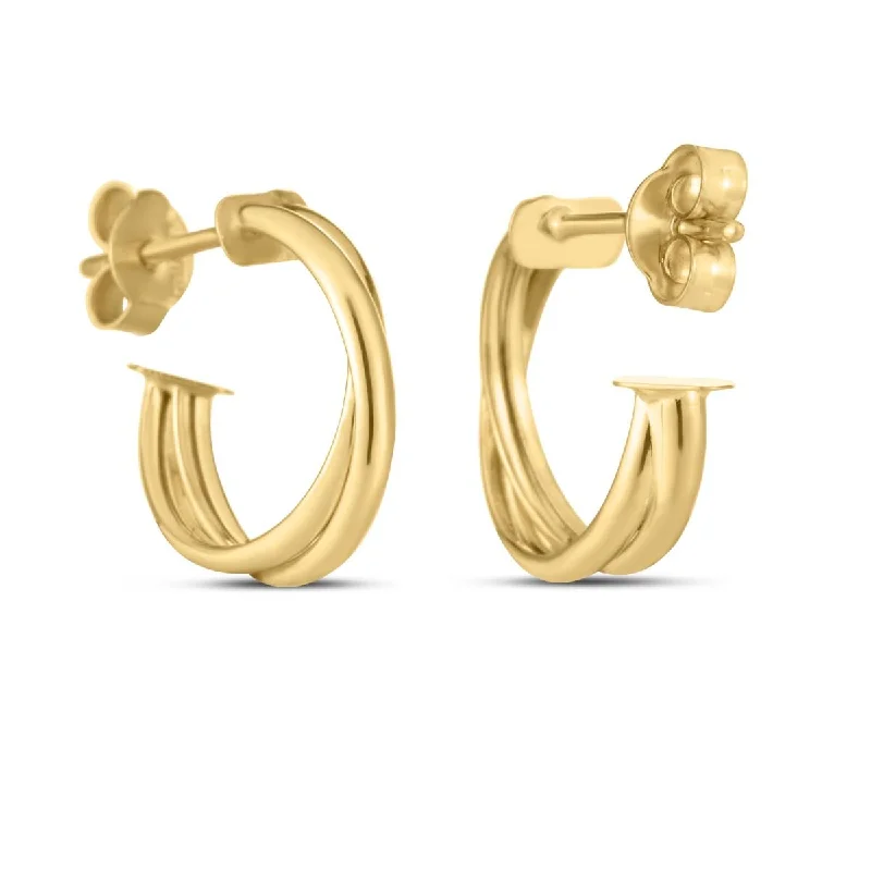 elegant rose earrings for delicate beauty -Small Crossover Double Row Hoop Earrings in 14k Yellow Gold