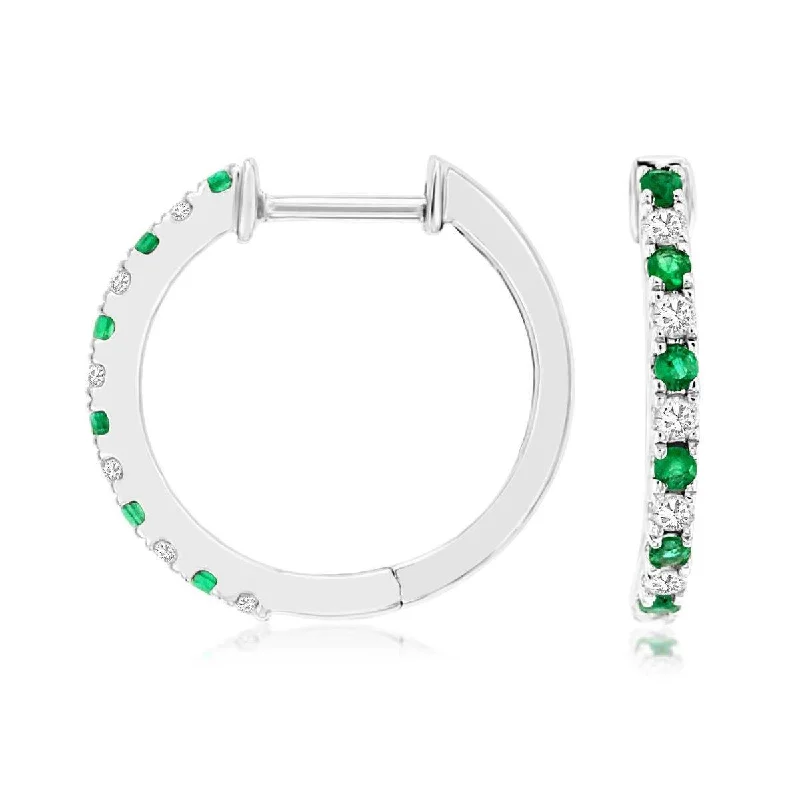 delicate thread earrings for light fashion -Delicate Natural Emerald and Diamond Huggie Hoop Earrings in White Gold