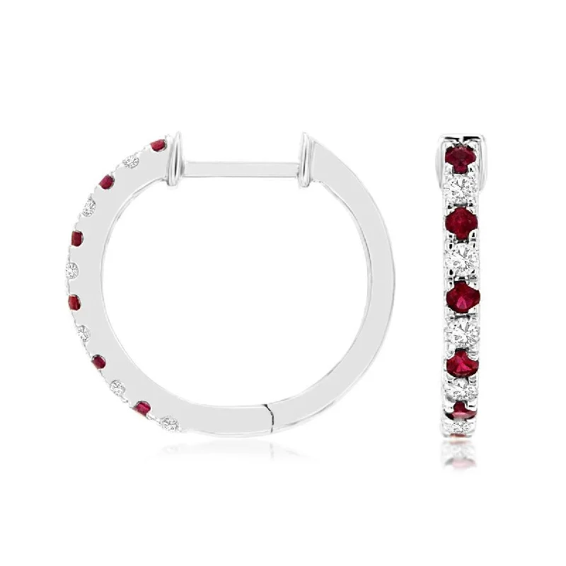 abstract geometric earrings for unique looks -Delicate Natural Ruby and Diamond Huggie Hoop Earrings in White Gold