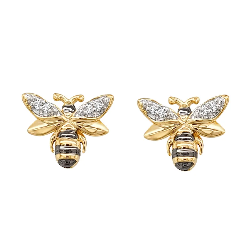 small stud earrings for casual outfits -Diamond Bee Shaped Stud Earrings in Sterling Silver and Yellow Gold