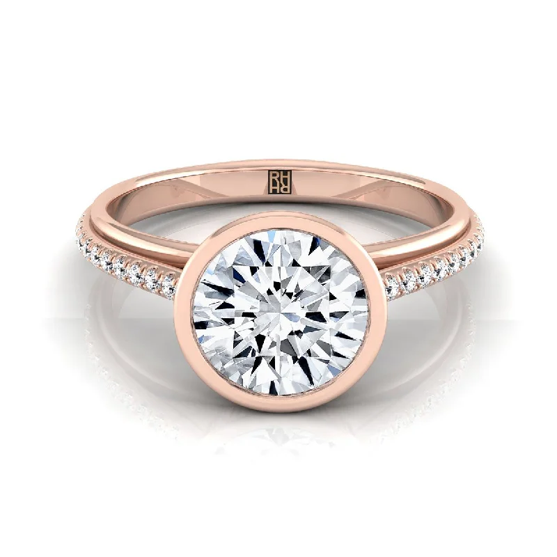 diamond bands for men-14K Rose Gold Round Brilliant Diamond Linear Modern Bezel Engagement Ring -1/10ctw