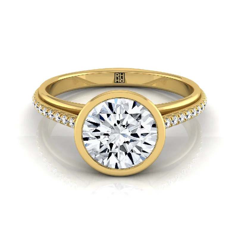 gold wedding bands-14K Yellow Gold Round Brilliant Diamond Linear Modern Bezel Engagement Ring -1/10ctw