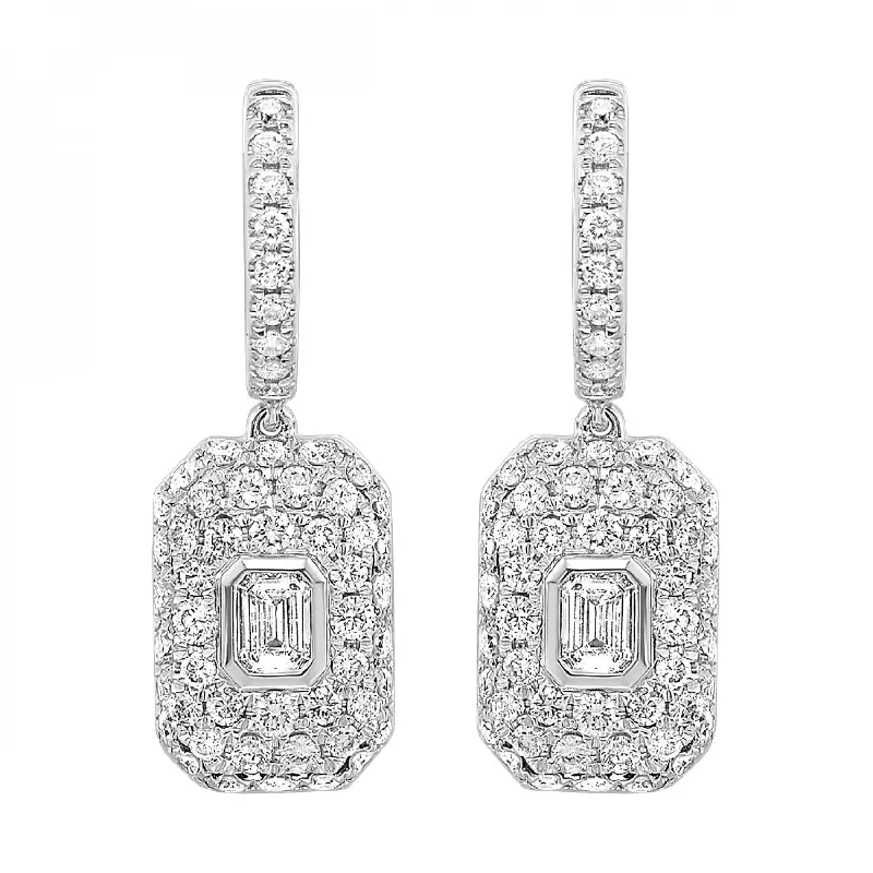 trendy leather earrings for fashion-forward looks -Diamond Cluster Dangle Earrings with Bezel-Set Emerald Cut Diamonds, 1.5 cttw