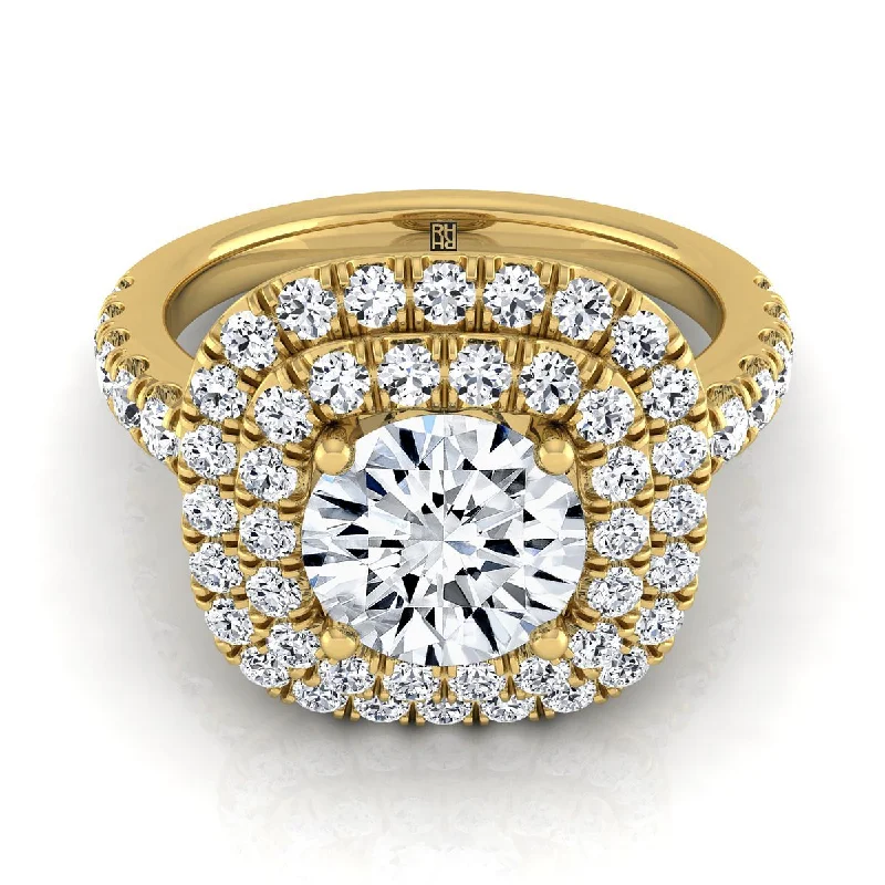 mens silver rings-18K Yellow Gold Round Brilliant Diamond Double Halo French Pave Engagement Ring -1.00ctw