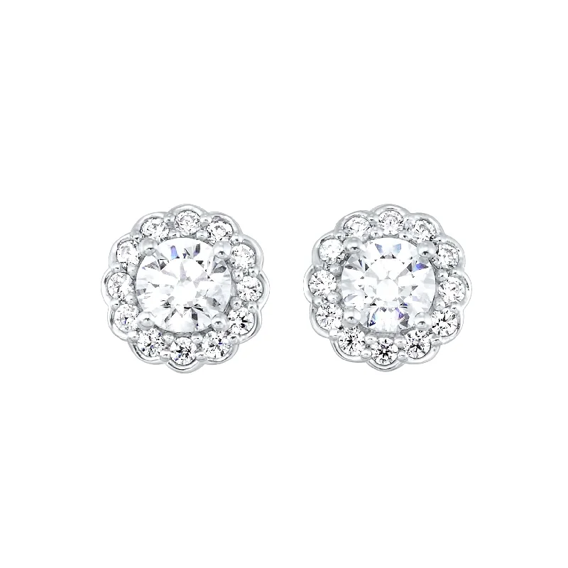 unique handmade earrings for personal style -Lab-Created Round Diamond Stud Scalloped Halo Earrings in White Gold, 0.83 cttw