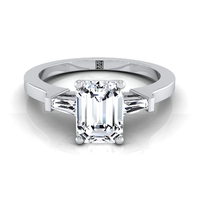 personalized rings for couples-Platinum Emerald Cut Diamond Tapered Baguette Accent Engagement Ring -1/4ctw