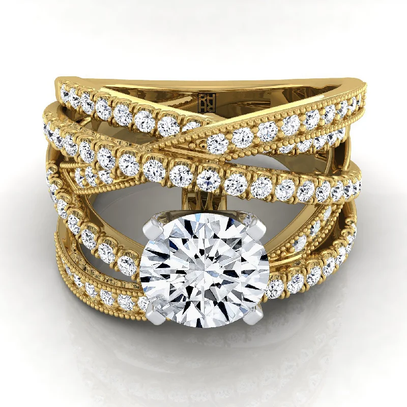 stackable rings for men-18K Yellow Gold Round Brilliant Customized Multi Diamond Row Diamond Engagement Ring -7/8ctw