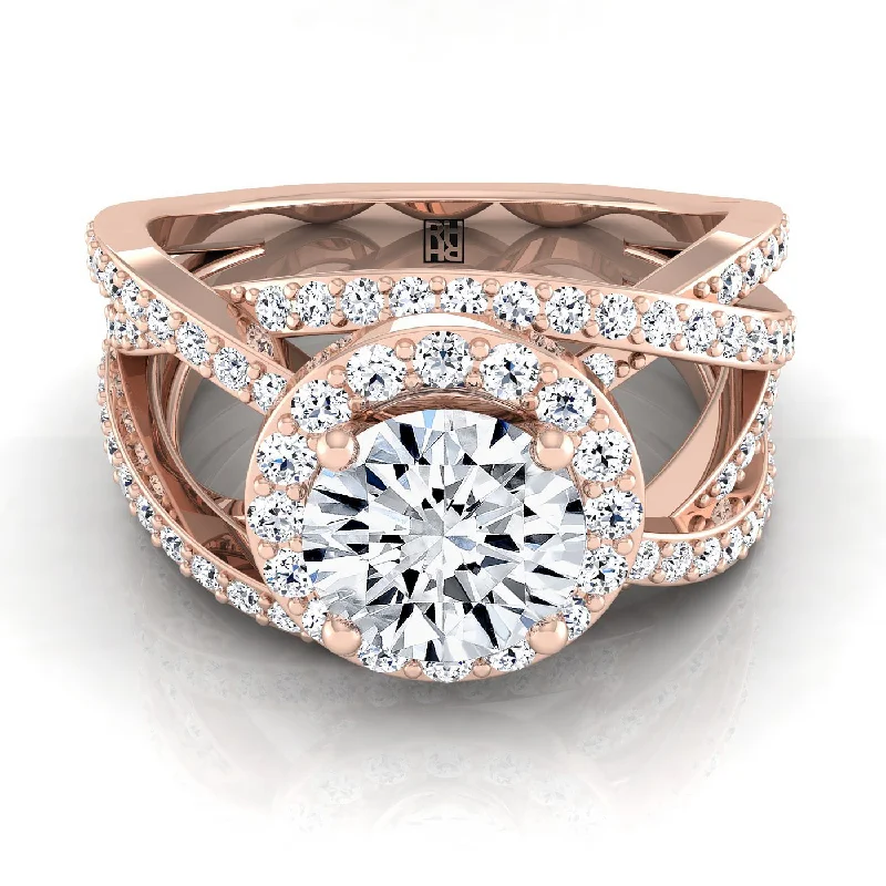 wedding ring and band sets-14K Rose Gold Round Brilliant Unique Open Intertwined Diamond Pave Row Engagement Ring -1ctw