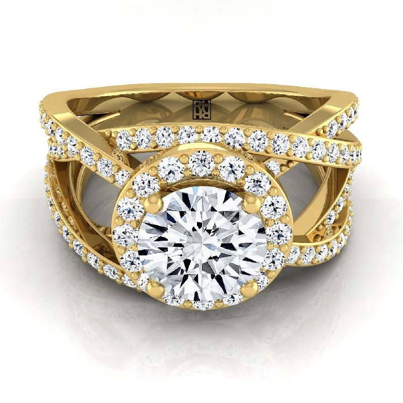 bridal rings sets-18K Yellow Gold Round Brilliant Unique Open Intertwined Diamond Pave Row Engagement Ring -1ctw