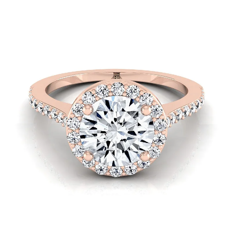 unique engagement rings-14K Rose Gold Round Brilliant Classic French Pave Diamond Halo and Linear Engagement Ring -1/3ctw