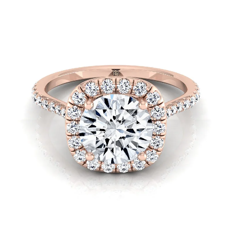 gold rings with gemstones-14K Rose Gold Round Brilliant Diamond Shared Prong Halo Engagement Ring -3/8ctw