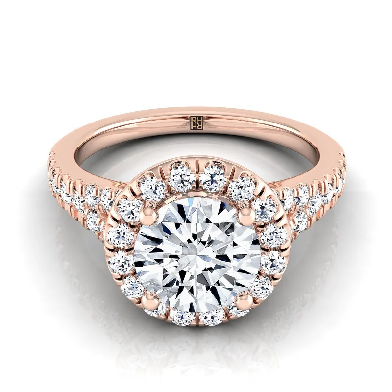 diamond wedding sets-14K Rose Gold Round Brilliant Diamond Simple Prong Halo with Petite Split Shank Pave Engagement Ring -1/2ctw