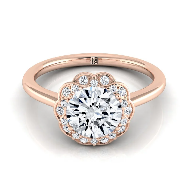 statement rings for women-14K Rose Gold Round Brilliant Diamond Lotus Flower Halo Engagement Ring -1/10ctw