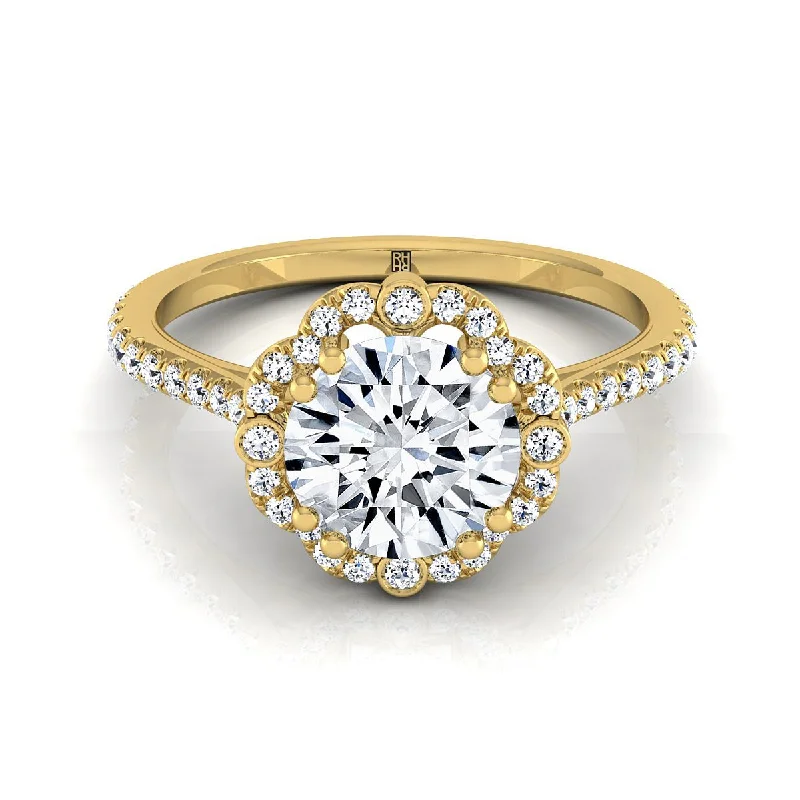 women’s stackable rings-14K Yellow Gold Round Brilliant Diamond Ornate Halo Vintage Inspired Engagement Ring -1/4ctw