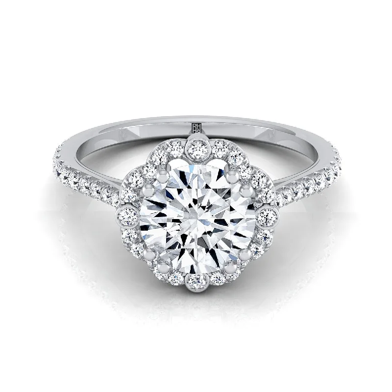 platinum rings for women-18K White Gold Round Brilliant Diamond Ornate Halo Vintage Inspired Engagement Ring -1/4ctw