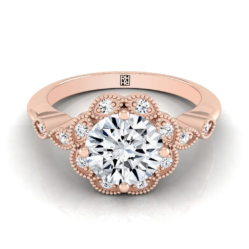 men’s wedding band sets-14K Rose Gold Round Brilliant Diamond Scalloped Halo Floral Engagement Ring