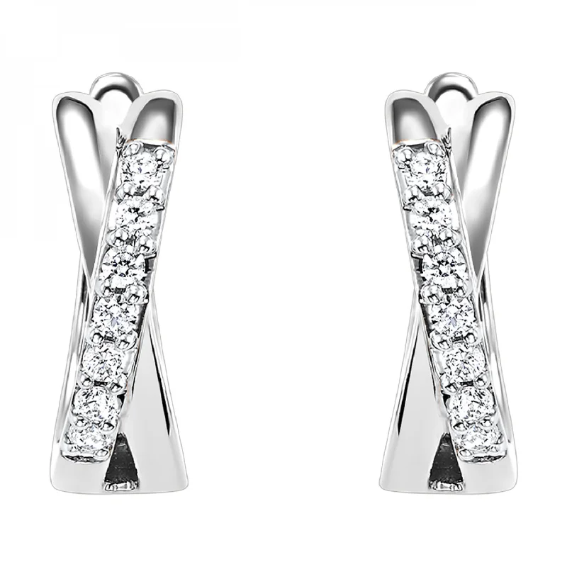 cubic zirconia earrings for a brilliant shine -Diamond X-Shaped Cross Huggie Hoop Earrings in White Gold