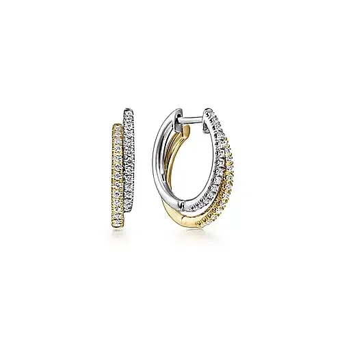 playful knot earrings for creative style -Double Layered 15mm Diamond Huggie Earrings in Yellow and White Gold, 0.27 cttw