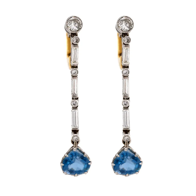 quirky smiley face earrings for a fun vibe -Edwardian Style Aquamarine Diamond 18K Yellow White Gold Drop Earrings