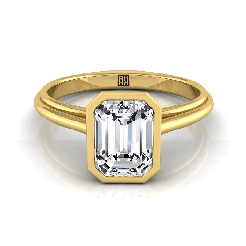 wedding ring sets-14K Yellow Gold Emerald Cut  Bezel Halo Cathedral Solitaire Engagement Ring